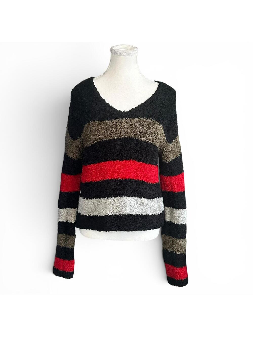 Y2K Fuzzy Eyelash Knit Striped Sweater Red Black Grunge Cozy Soft Girl